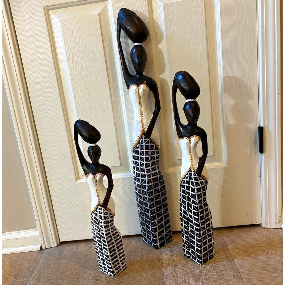 African Style Set of 3 Woman Figure Sculptures Black & White Geometric Boho